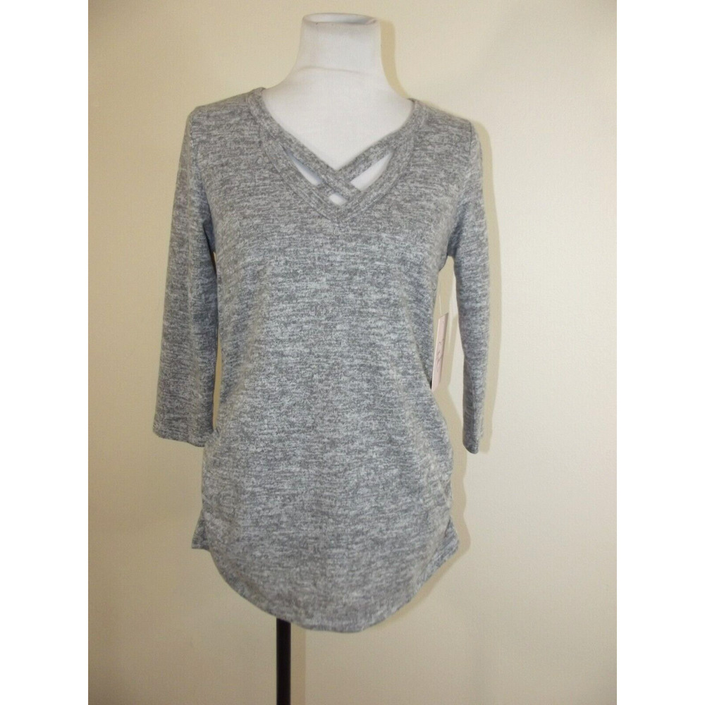 Love Maven Womens V-Neck Knit TOP - SMALL - Heathered Gray Criss Cross NWT
